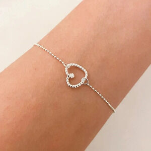 925 Sterling Silver Heart Bracelet Dainty Bead Bracelet Thin Tiny Bead Bracelet